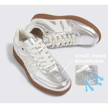 LUCKY STEP Women Classic Retro Gum Sole Fashion Sneakers Casual Tennis Skate Shoe Genuine Leather Walking Footwear Anti Slip Trainers(Silver,8.5)