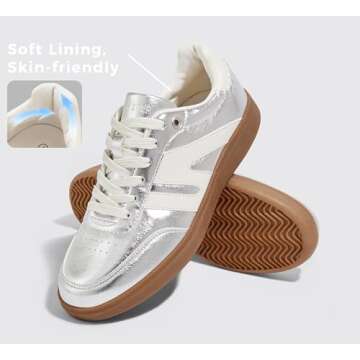 LUCKY STEP Women Classic Retro Gum Sole Fashion Sneakers Casual Tennis Skate Shoe Genuine Leather Walking Footwear Anti Slip Trainers(Silver,8.5)
