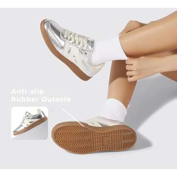 LUCKY STEP Women Classic Retro Gum Sole Fashion Sneakers Casual Tennis Skate Shoe Genuine Leather Walking Footwear Anti Slip Trainers(Silver,8.5)