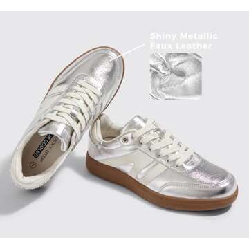LUCKY STEP Women Classic Retro Gum Sole Fashion Sneakers Casual Tennis Skate Shoe Genuine Leather Walking Footwear Anti Slip Trainers(Silver,8.5)