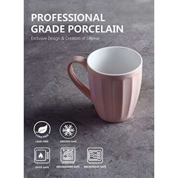 Sweese 602.108 Porcelain Fluted Mugs - 14 Ounce Coffee Mug Set for Coffee, Tea, Cocoa, Set of 4, Light Pink