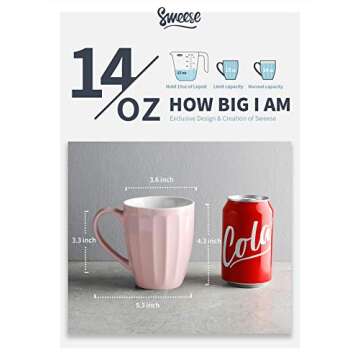 Sweese 602.108 Porcelain Fluted Mugs - 14 Ounce Coffee Mug Set for Coffee, Tea, Cocoa, Set of 4, Light Pink