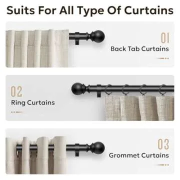 Zeerobee Curtain Rods for Windows 66 to 120, Adjustable Heavy Duty Wrap Around 1 Inch Curtain Rod, Outdoor Indoor Room Divider Modern Drapery Pole, Black, 32-120"