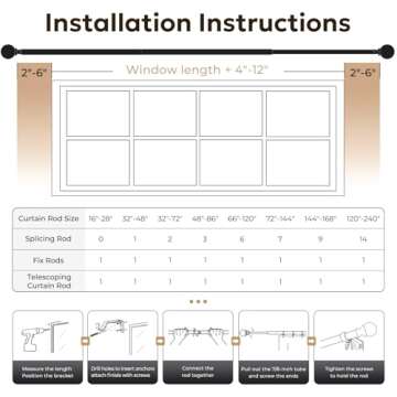 Zeerobee Curtain Rods for Windows 66 to 120, Adjustable Heavy Duty Wrap Around 1 Inch Curtain Rod, Outdoor Indoor Room Divider Modern Drapery Pole, Black, 32-120"