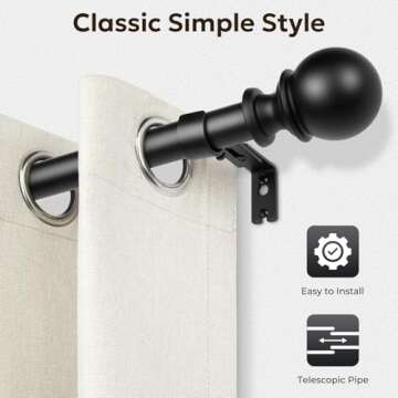 Zeerobee Curtain Rods for Windows 66 to 120, Adjustable Heavy Duty Wrap Around 1 Inch Curtain Rod, Outdoor Indoor Room Divider Modern Drapery Pole, Black, 32-120"