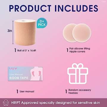 VBT Boob Tape - Breast Lift Tape, Body Tape for Breast Lift w 2 Pcs Silicone Breast Reusable Adhesiv...
