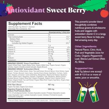 Amazing Grass Greens Superfood Antioxidant: Greens Powder with Organic Spirulina, Beet Root Powder, Elderberry & Probiotics, Sweet Berry, 100 Servings (Packaging May Vary)