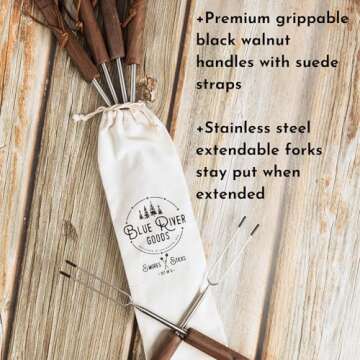 Blue River Goods Smores Sticks | Set of 6 Marshmallow Roasting Sticks | Telescoping Stainless Steel w/Walnut Handles | Smore Sticks for Marshmallow Sticks for Fire Pit | Smore Sticks for Fire Pit