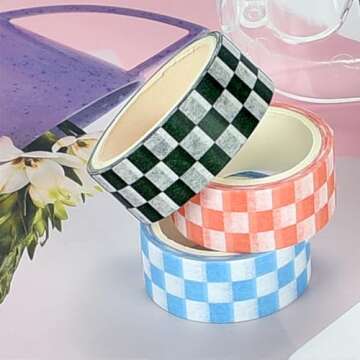 XiowDow Checkered Washi Tape Set Plaid Decorative Washi Tapes 0.6inch width Grid Masking Paper Tape 5 Rolls Checkerboard Flag Tapes for Art Craft Party Decoration Box label Card Making Office Supplies
