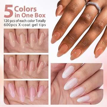 BTArtbox Soft Gel Nail Tips Almond, 600PCS 5 Colors XCOATTIPS Natural Pre-applied Tip Primer Cover, Pre-colored 15 Sizes Medium Press On Nails Soak Off Fake Nails for Valentines Day Gift