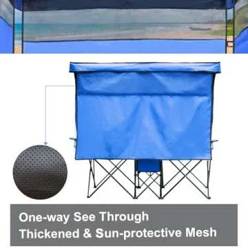 WTVIDAS Double Camping Chair with Canopy Shade Beach Chairs with Cup Holder Cooler Bag Folding Camping Loveseat Chairs for Sports Lawn Patio Outside
