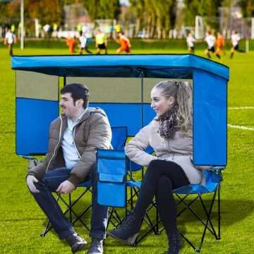 WTVIDAS Double Camping Chair with Canopy Shade Beach Chairs with Cup Holder Cooler Bag Folding Camping Loveseat Chairs for Sports Lawn Patio Outside