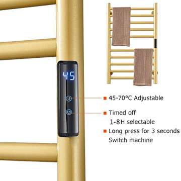 DUDYP Gold Heated Towel Warmer Radiator Bathroom Accessories, Built-in Timer Temperature Control 10 Bars Electric Heated Towel Racks for Bathroom, Stainless Steel Towel Warmer Drying Rack, (Hardwired)