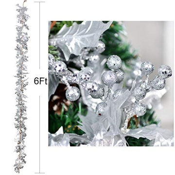 Artiflr Silver Berry Christmas Garland, 6Foot Flexible Artificial Berry Garland for Indoor Outdoor Home Fireplace Decoration for Winter Christmas Holiday New Year Decor