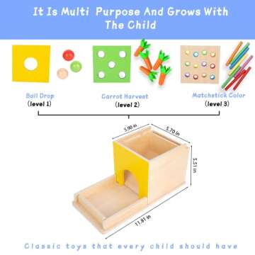 Montessori Toddler Play Kit Montessori Box Toys for 1 Year Old 2 Years Baby Learning Toys Gift Carrot Harvest Game, Matchstick Color Drop Game and Coin Box (5-for-1)