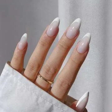 BTArtboxnails XCOATTIPS French Tip Gel Nail Tips Almond - Modern French Tip Press On Nails Medium, Milky White Fake Nails Pre-applied Tip Primer Base Coat, No Need File False Nails for Home DIY