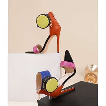 Zamikoo Women's Heeled Sandals, Ankle Strap Open Toe Heels, Pointy Toe Stiletto High Heels with Side Pouch 4.7 Inches Multicolor Heels Zip Closure US Size 7