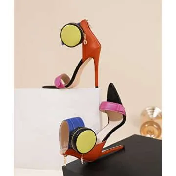 Zamikoo Women's Heeled Sandals, Ankle Strap Open Toe Heels, Pointy Toe Stiletto High Heels with Side Pouch 4.7 Inches Multicolor Heels Zip Closure US Size 7