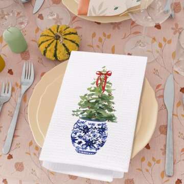 SPBL&L Christmas Kitchen Towels, Blue and White Chinoiserie Christmas Tree Hand Towels for Bathroom, Chinoiserie Decor, Christmas Dish Towels for Kitchen, Christmas Kitchen Bathroom Decor, 16x24 Inch