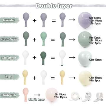 Dusty Green Purple Pink Balloon Garland Double Stuffed Lavender Light Mist Green Ivory Pastel Balloon Arch Kit with Lilac Blush Color for Baby Shower Birthday Wedding Flower Party Decoration