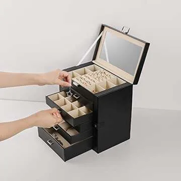 Frebeauty Large Jewelry Box,6-Tier PU Leather Jewelry Organizer,Multi-functional Storage Case with Mirror,Accessories Holder with 5 Drawers for Necklace Bracelets Watches(Black)