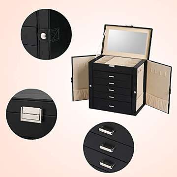 Frebeauty Large Jewelry Box,6-Tier PU Leather Jewelry Organizer,Multi-functional Storage Case with Mirror,Accessories Holder with 5 Drawers for Necklace Bracelets Watches(Black)