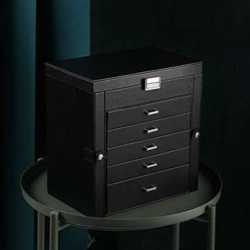 Frebeauty Large Jewelry Box,6-Tier PU Leather Jewelry Organizer,Multi-functional Storage Case with Mirror,Accessories Holder with 5 Drawers for Necklace Bracelets Watches(Black)