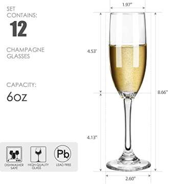 HAKEEMI Champagne Flutes Set of 12, 6 oz Classic Champagne Glasses Bulk, Elegant Toasting Flutes