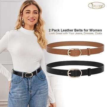 JASGOOD 2 Pack Women’s Leather Belts for Jeans Pants Fashion Ladies Belt with Silver Buckle, I-Bla...