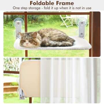 AMOSIJOY Cordless Cat Window Perch, Cat Hammock for Wall with 4 Strong Suction Cups, Solid Metal Frame and Two Replaceable Covers, Foldable Cat Beds for Indoor Cats (Medium-White)