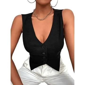 SweatyRocks Women's Asymmetrical Hem Button Front Crop Vest Blazer V Neck Sleeveless Crop Tank Top for Women Black M