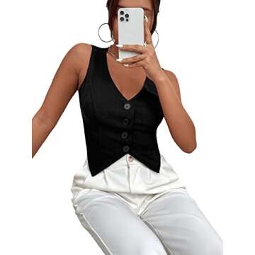 SweatyRocks Women's Asymmetrical Hem Button Front Crop Vest Blazer V Neck Sleeveless Crop Tank Top for Women Black M