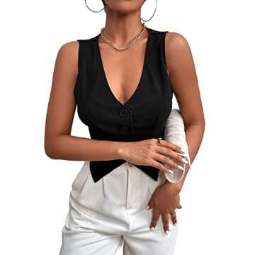SweatyRocks Women's Asymmetrical Hem Button Front Crop Vest Blazer V Neck Sleeveless Crop Tank Top for Women Black M