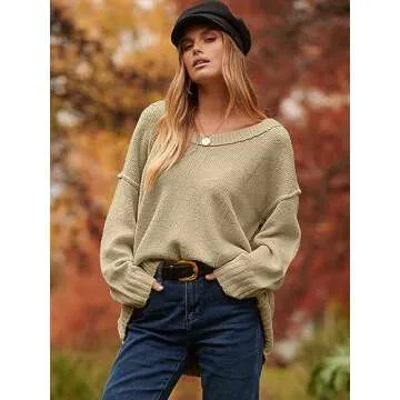 ANRABESS Women's Oversized Casual Loose Slouchy Scoop V Neck Batwing Long Sleeve Knit 2025 Fall Pullover Sweaters Brown Medium
