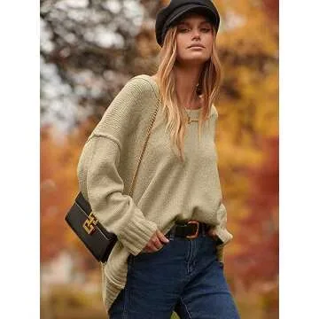 ANRABESS Women's Oversized Casual Loose Slouchy Scoop V Neck Batwing Long Sleeve Knit 2025 Fall Pullover Sweaters Brown Medium