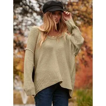 ANRABESS Women's Oversized Casual Loose Slouchy Scoop V Neck Batwing Long Sleeve Knit 2025 Fall Pullover Sweaters Brown Medium