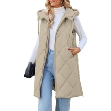 MEROKEETY Womens Winter Mid Long Zipper Puffer Vest Hooded Sleeveless Lightweight Jacket Coats, Khak...