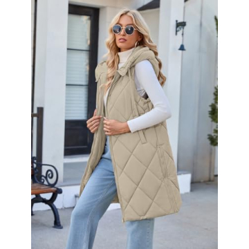 MEROKEETY Womens Khaki Zipper Puffer Vest Lightweight Jacket