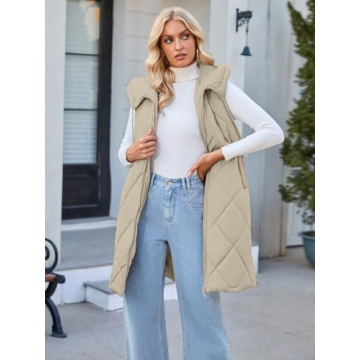 MEROKEETY Womens Khaki Zipper Puffer Vest Lightweight Jacket