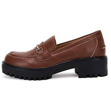 Womens Lug Sole Platform Mid Chunky Heel Loafers Classic Round Toe Slip On Office Uniform Oxfords Sh...