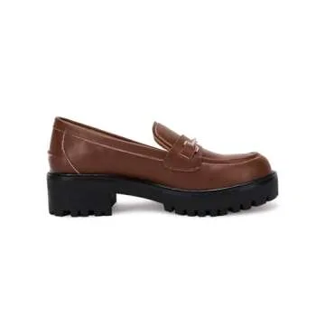 Womens Lug Sole Platform Mid Chunky Heel Loafers Classic Round Toe Slip On Office Uniform Oxfords Shoes with Metal Chain Brown