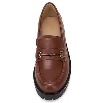 Womens Lug Sole Platform Mid Chunky Heel Loafers Classic Round Toe Slip On Office Uniform Oxfords Shoes with Metal Chain Brown