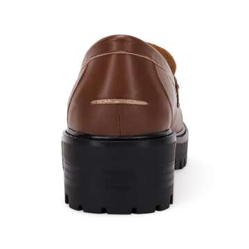 Womens Lug Sole Platform Mid Chunky Heel Loafers Classic Round Toe Slip On Office Uniform Oxfords Shoes with Metal Chain Brown