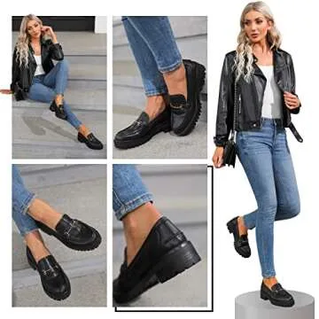 Womens Lug Sole Platform Mid Chunky Heel Loafers Classic Round Toe Slip On Office Uniform Oxfords Shoes with Metal Chain Brown