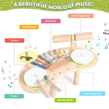 Asweets 7 in 1 Kids Drum Set for Toddlers Wooden Xylophone Musical Instruments Kit Play Set for Toddler Baby Drum Set Montessori Toys Sensory Toys Birthday Gifts for Girls Boys (Moon)