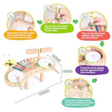 Asweets 7 in 1 Kids Drum Set for Toddlers Wooden Xylophone Musical Instruments Kit Play Set for Toddler Baby Drum Set Montessori Toys Sensory Toys Birthday Gifts for Girls Boys (Moon)