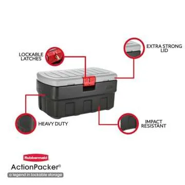 Rubbermaid ActionPacker Lockable Storage Box, 35 Gal, Grey and Black, Outdoor, Industrial, Rugged