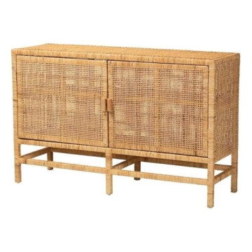 Baxton Studio Vivan Modern Bohemian Natural Brown Rattan and Mahogany Wood Storage Cabinet