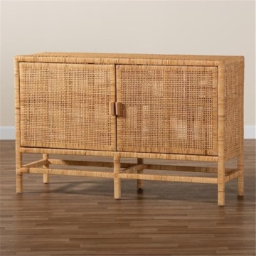 Baxton Studio Vivan Modern Bohemian Natural Brown Rattan and Mahogany Wood Storage Cabinet