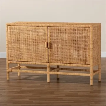 Baxton Studio Vivan Modern Bohemian Natural Brown Rattan and Mahogany Wood Storage Cabinet